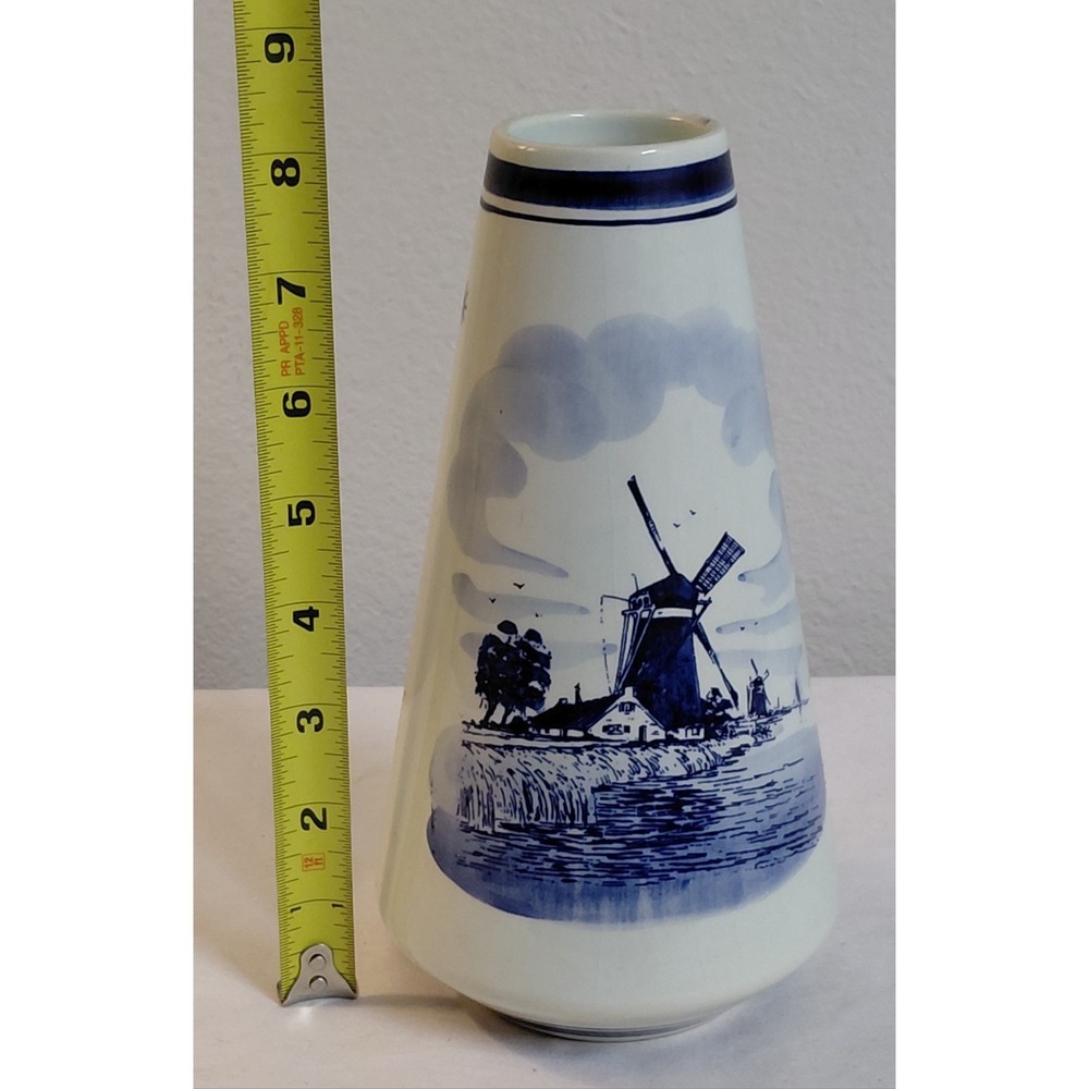 Vintage Delft Blue Hand Painted Holland Windmill Vase Dutch Scenic Pottery 8" - Picture 6 of 6